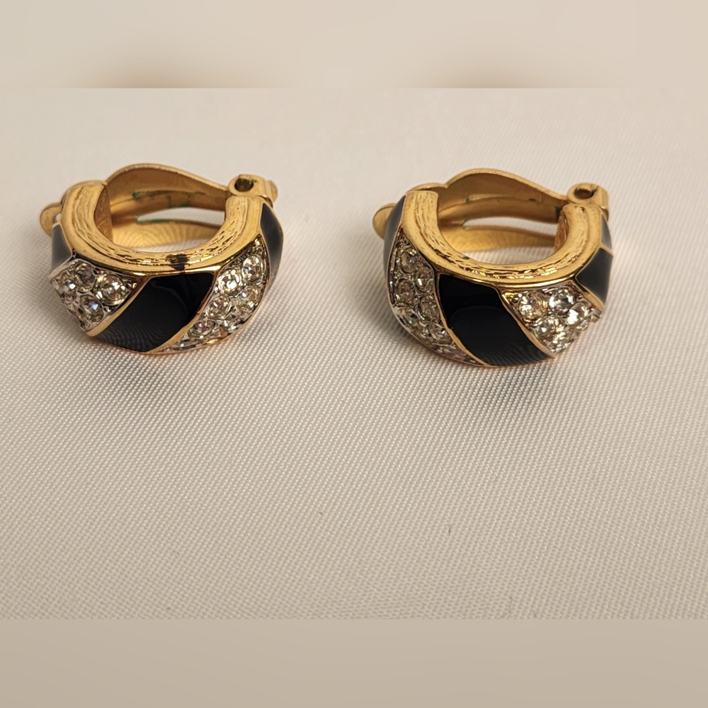 Vintage Goldtone Black Enamel Nina Ricci Clip-on Earrings With Rhinestones - Picture 6 of 10